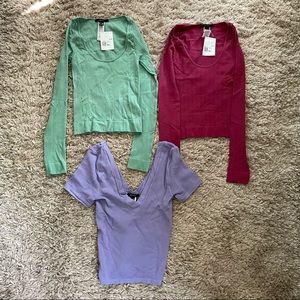 NWT Bundle of F21 tops, fleece pants, denim shorts.